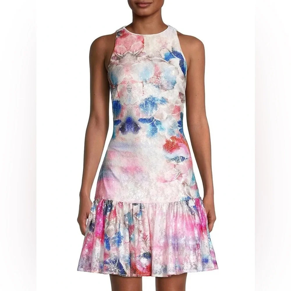One33 Social Women’s Size 4 Pink Blue Floral Sequin Cutout Mini Dress New